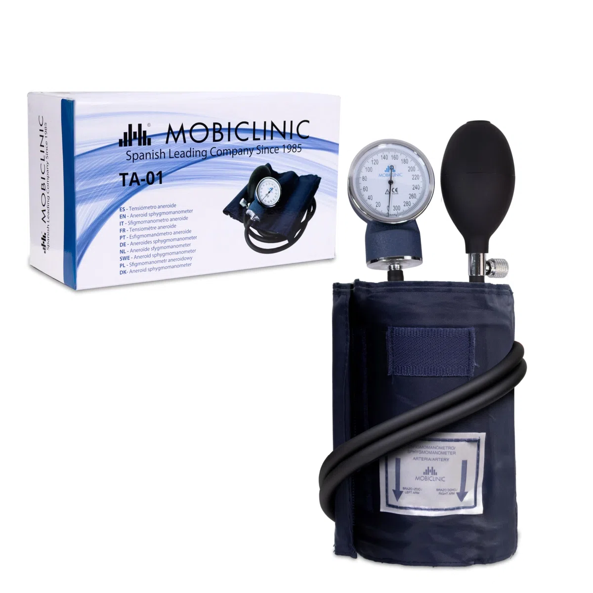 Mobiclinic, Tensiómetro de brazo, Doble salida, Incluye estuche, Medidor tensión aneroide, Medición presión arterial, Marca española, Precisión, Bomba goma, Ligero, Fácil usar, Azul