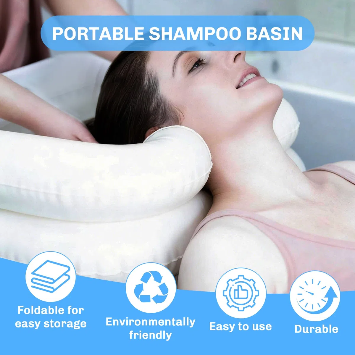 Lavabo de pelo para postrados en cama, lavabo inflable con manguera de drenaje de 1 m, bomba de aire, cabezal de ducha y saco de agua para embarazadas, lesionados, personas mayores y personas