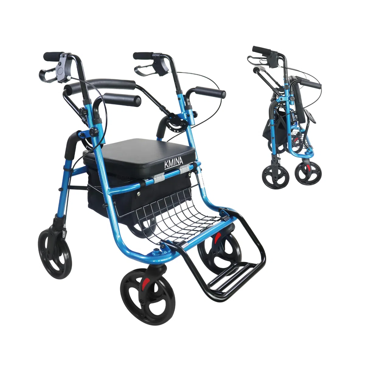 KMINA Andador Silla Plegable 2 en 1 con Cesta y Frenos de Maneta, Asiento Acolchado, Altura Regulable, Azul