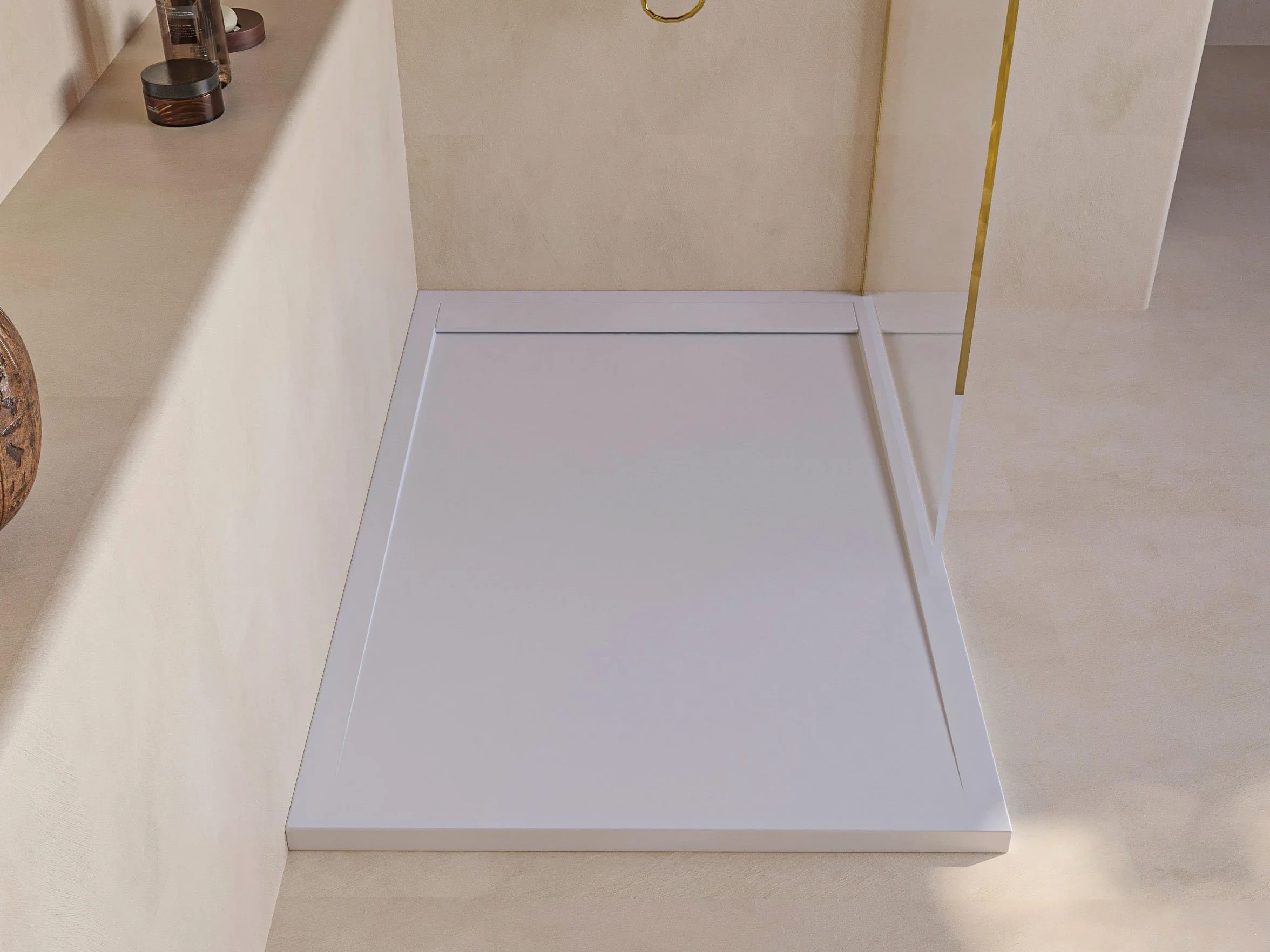 SoulHome Plato de Ducha Resina Blanco 160x90 Diseño Minimalista | Antideslizante C3, Extraplano, Resina y carga mineral, Textura Liso Piedra, Antibacteriano, Gel-coat, Incluye válvula desagüe