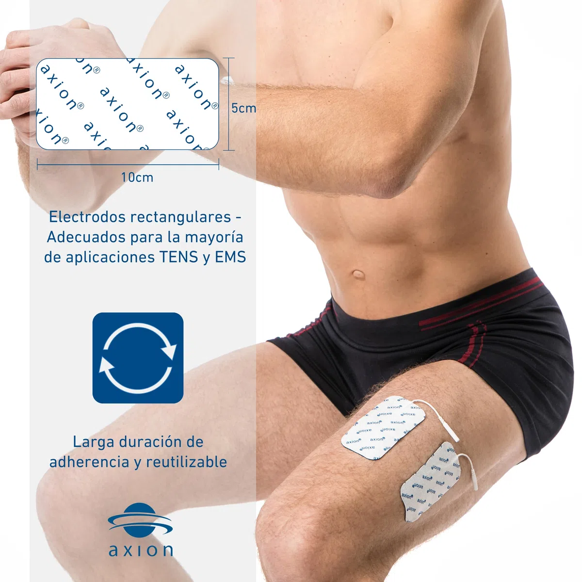 16 electrodos axion de 10x5 cm | Parches de recambio para electroestimulador TENS y/o EMS reusables y autoadhesivos con conector pin de 2 mm