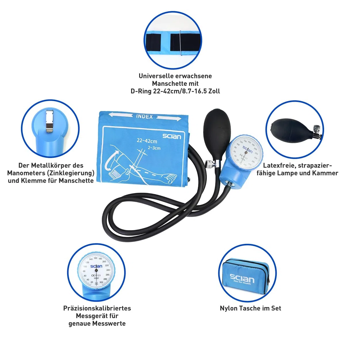 SCIAN Esfigmomanómetro Manual Aneroide, Tensiómetro de Brazo Manual Profesional, Brazalete Universal 22-42cm, para Uso Médico y Doméstico con Bolsa de Transporte (Azul cielo)