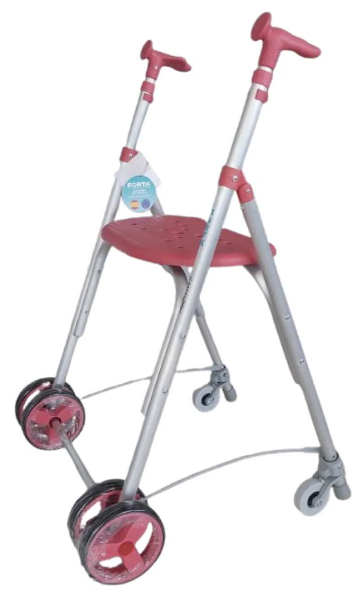 Andador para adultos plegable con asiento y ruedas por presión, caminador para ancianos, regulable en altura, color rosa
