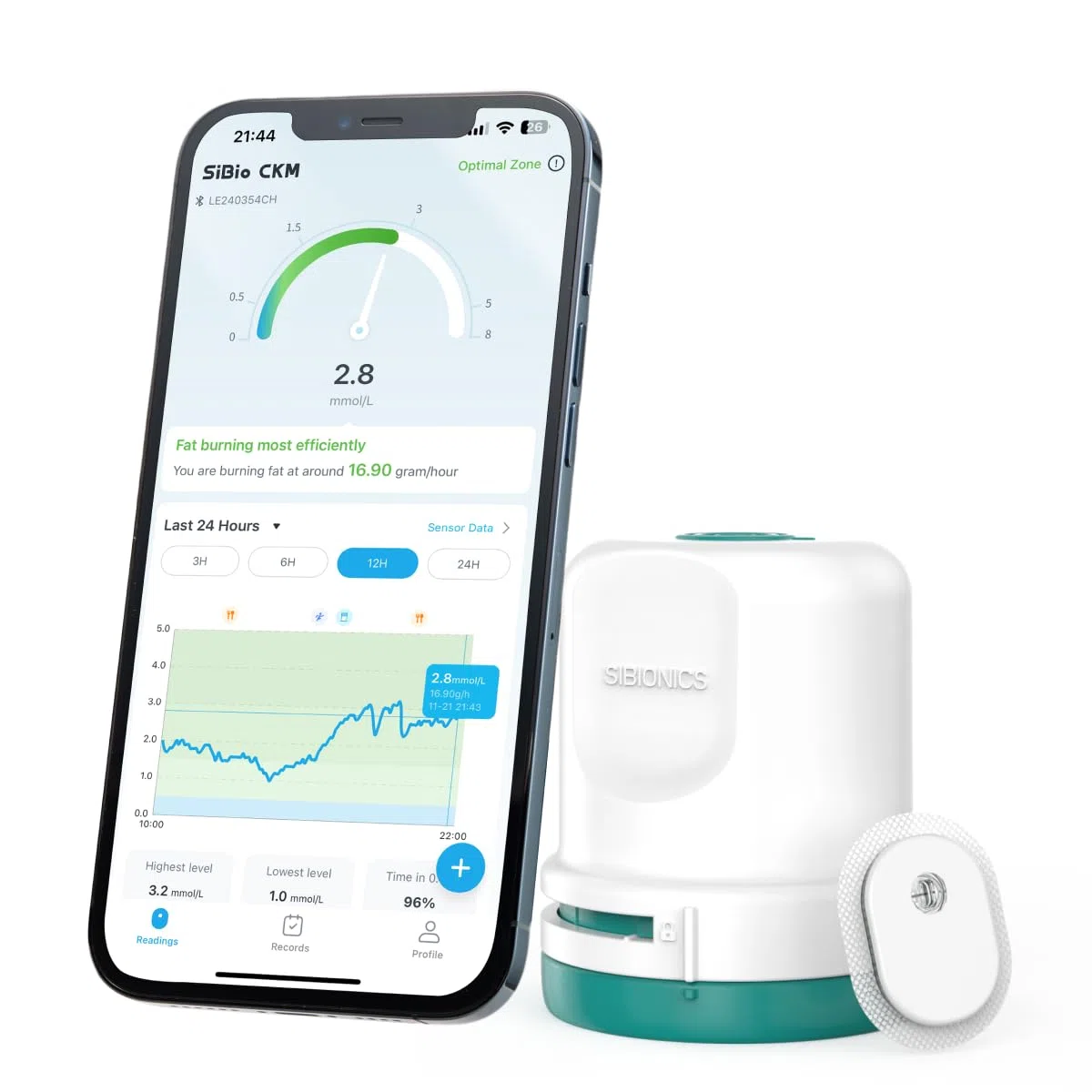 SIBIO KS3 Monitor de cetona continua CKM, biosensor ceto en tiempo real de 14 días, datos de 5 minutos