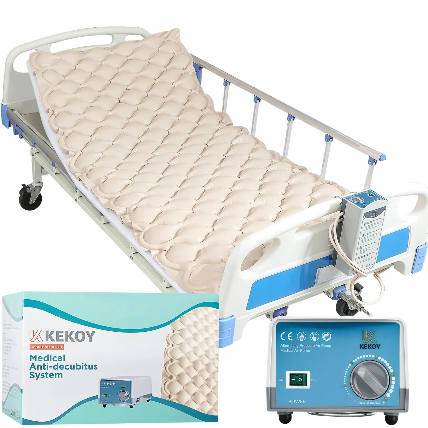 Kekoy Colchón antiescaras de presión alterna, Bomba silenciosa, Impermeable, previene heridas de presión Grado I, para hospitales, hogares y Camas Hospitalarias, 200x90 cm