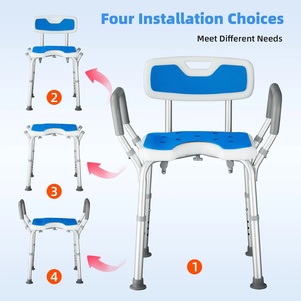 Silla Ducha Personas Mayores Asiento en U Taburete de Baño Antideslizante con Altura Ajustable de 6 Niveles y Reposabrazos Asiento de Ducha Regulable para Ancianos y Discapacitados