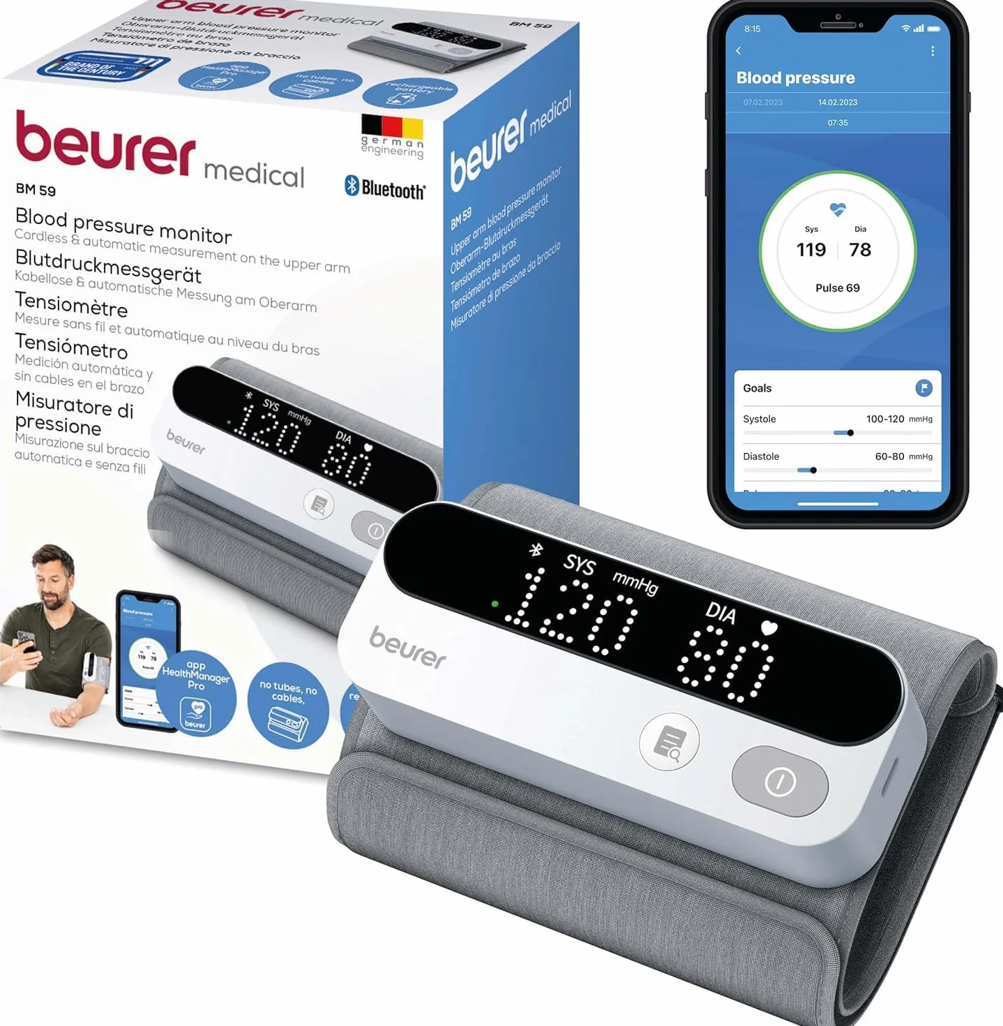 Beurer BM 59 Tensiómetro de Brazo, Brazalete Sin Tubos, Indicador de Riesgo LED, Detección de Arritmias, 22-42 cm, App, Apple Health