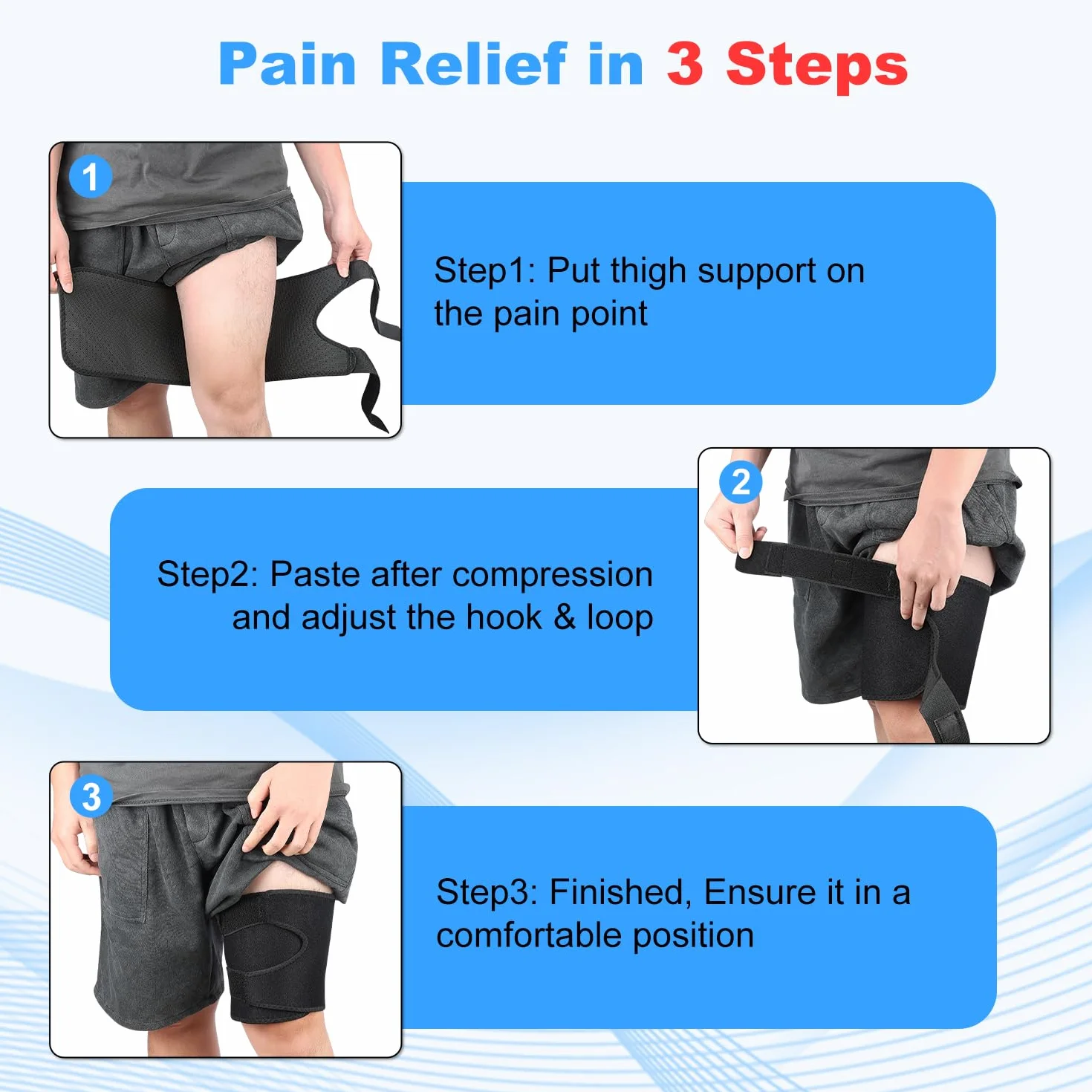 supregear Soporte Muslo, Soporte Ajustable para la Lngle del Muslo, Manga de Compresión del Muslo Cuádriceps, Soporte de Cadera para la Recuperación de Lesiones Musculares Hombres/Mujeres, Azul