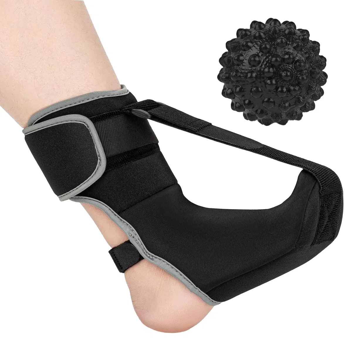 Férula nocturna para fascitis plantar, con bola de masaje, ortesis ajustable para espina calcánea y vendaje de pie, para aliviar el dolor y mejorar la circulación (negro, talla M)