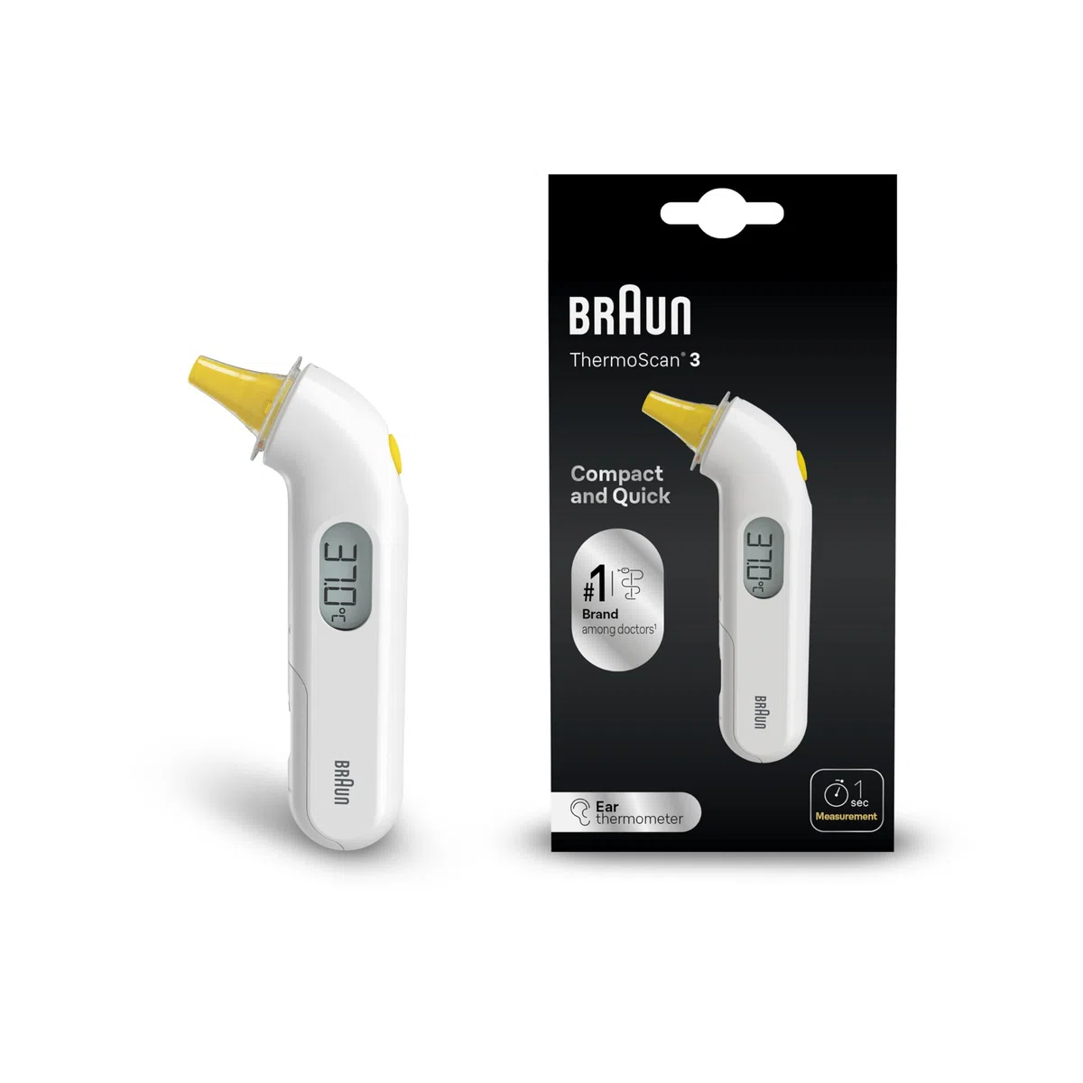 Braun ThermoScan 3 Termómetro de oído, Medición rápida en 1 segundo, Indicador acústico de fiebre, Pantalla digital, Apto para bebés y niños pequeños,La marca #1 entre los médicos(1), IRT3030