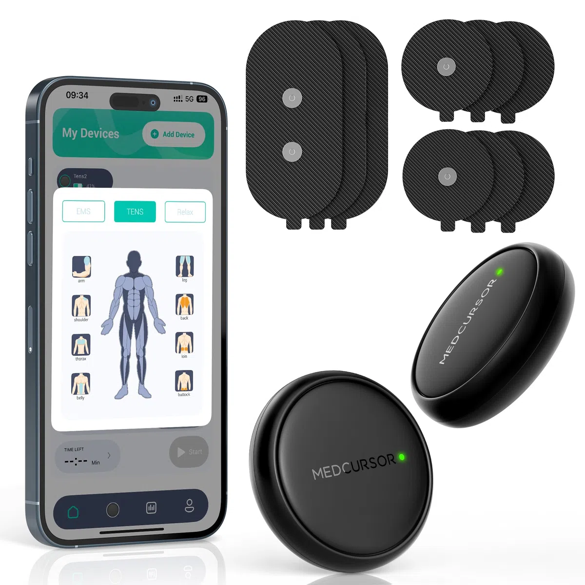Medcursor Estimulador muscular TENS — Dispositivo EMS inalámbrico 3 en 1 de doble canal, con control por aplicación y memoria de sesiones, 25 niveles de intensidad (Negro)