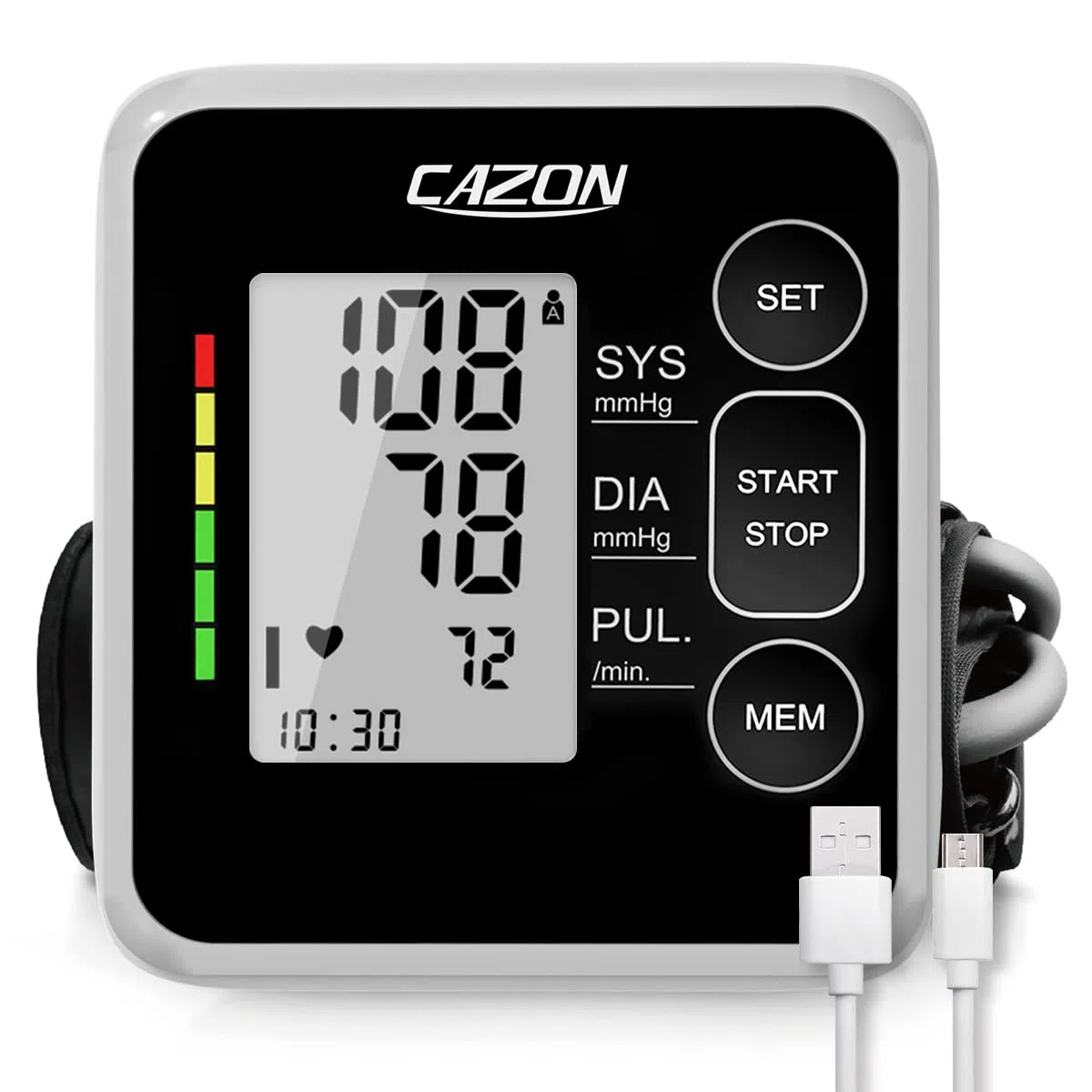 CAZON Tensiómetro de Brazo, Monitor de presiónarterial para uso doméstico. Detector electrónico defrecuencia cardiaca con brazalete 22-40cm,2X120memoria (Negro)