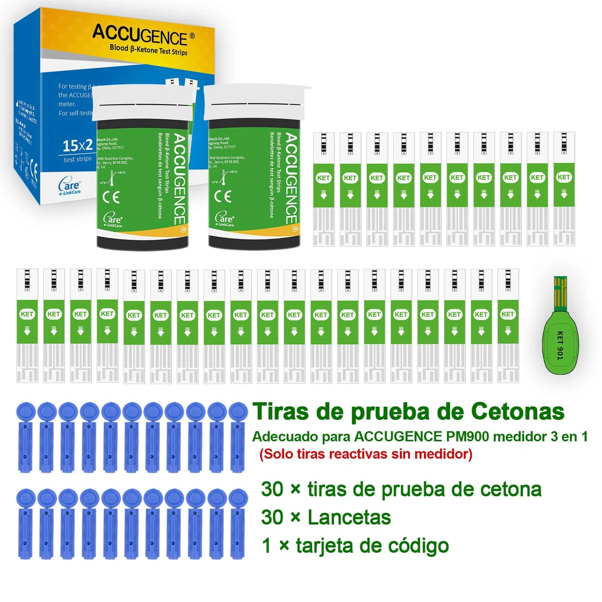 ACCUGENCE Tiras de prueba de Cetona de Sangre, 30 Tiras de Prueba de Cetona de Sangre y 20 lancetas. Adecuado para ACCUGENCE PM900