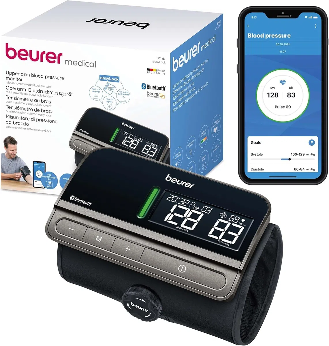 Beurer BM 81 easyLock tensiómetro de brazo, validado clínicamente, brazalete con cierre giratorio, medición rápida, app Apple Health