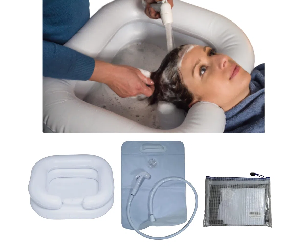 Lavacabezas Portatil con bolsa de agua y ducha, Champú hinchable para cabello, lavabo inflable para casa, personas discapacitades, embarazadas, mayores con Estuche