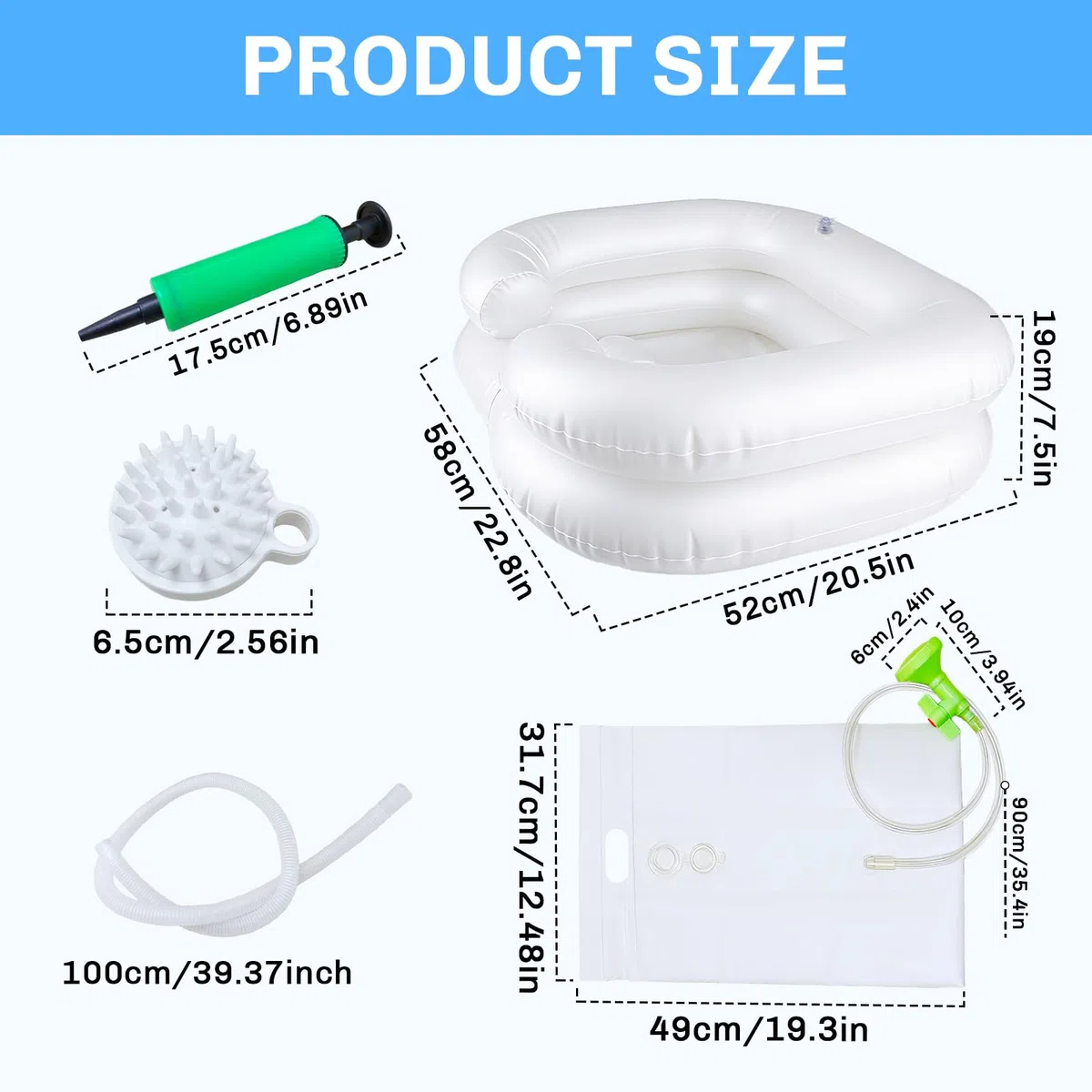 Lavabo de pelo para postrados en cama, lavabo inflable con manguera de drenaje de 1 m, bomba de aire, cabezal de ducha y saco de agua para embarazadas, lesionados, personas mayores y personas