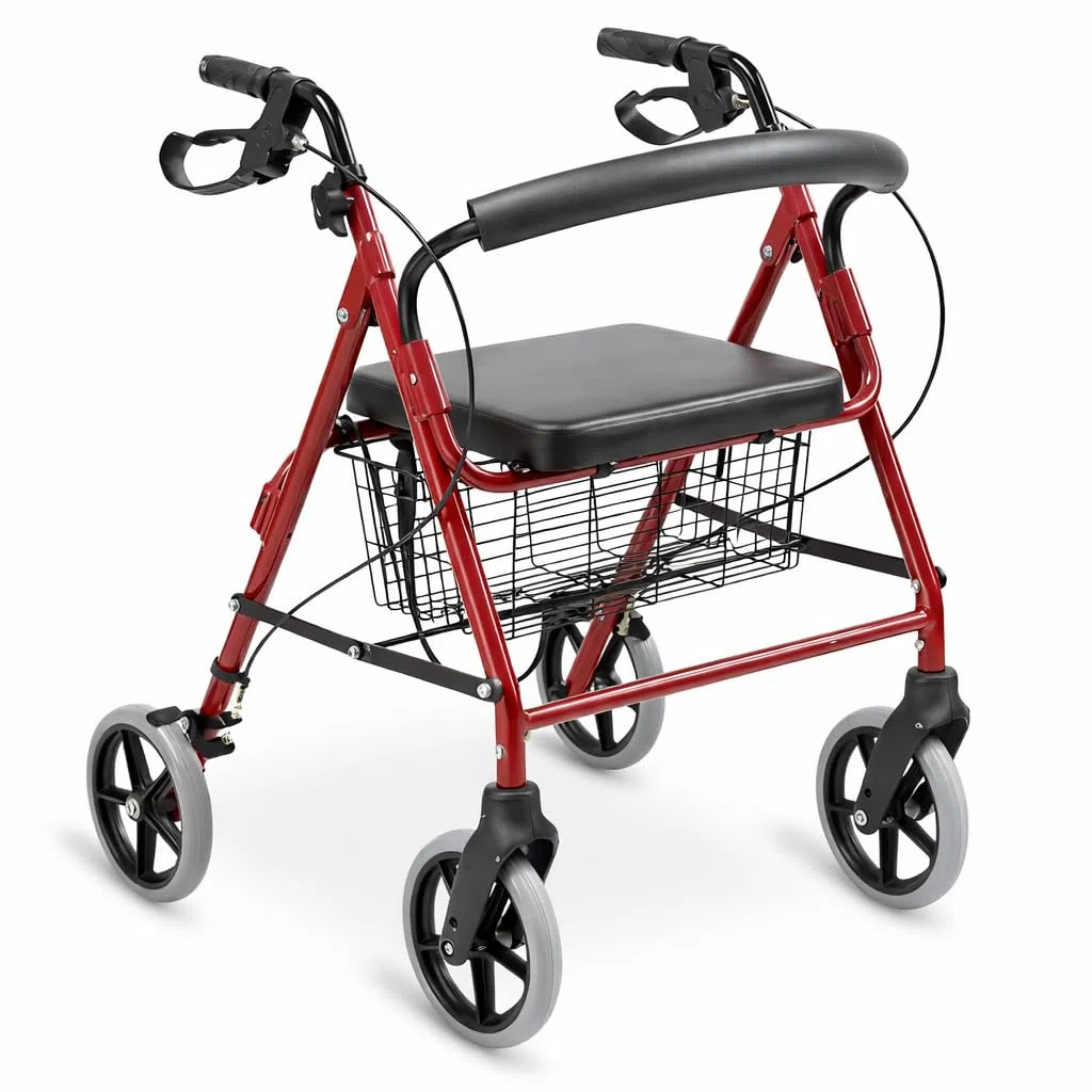 ALMA Andador para Ancianos con Asiento y 4 Ruedas, Rollator Plegable de Aluminio Ligero, Ajustable en Altura, con Respaldo, Cesta y Frenos de Maneta con Bloqueo, para Adultos y Personas Mayores