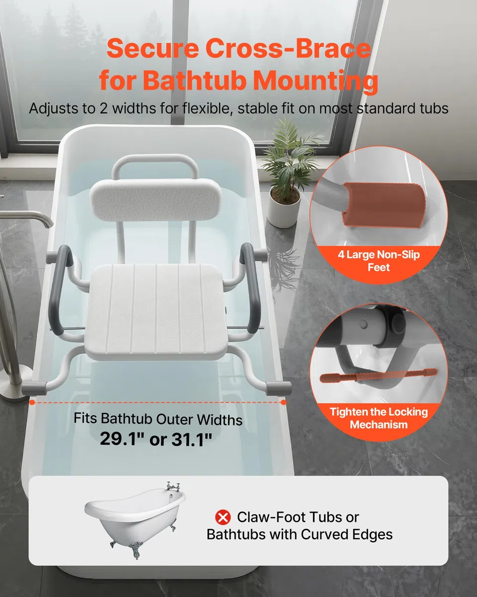 VEVOR Tabla de Bañera con Brazos y Respaldo, Asiento de Bañera con Mango Carga de 100 kg, Ancho de 740 mm o 790 mm Silla Giratoria de 360° para Adultos, Personas Mayores, Personas con Discapacidad