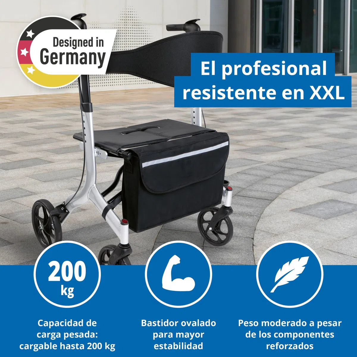 Weinberger Andador XXL de aluminio, estable hasta 180 kg, dispositivo médico clase 1, certificado SGS, plegable, altura ajustable, plegable, estable, 02262