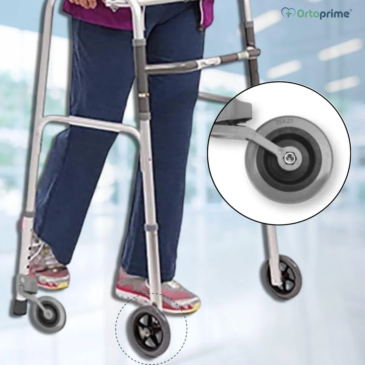 OrtoPrime Kit x2 RUEDAS Andadores Ancianos - Ruedas Traseras Adaptables a Andadores de Adultos - Casquillos Compatibles Tubo de 30mm 25mm y 22mm - Freno a la Carga por Presión y Fácil Instalación