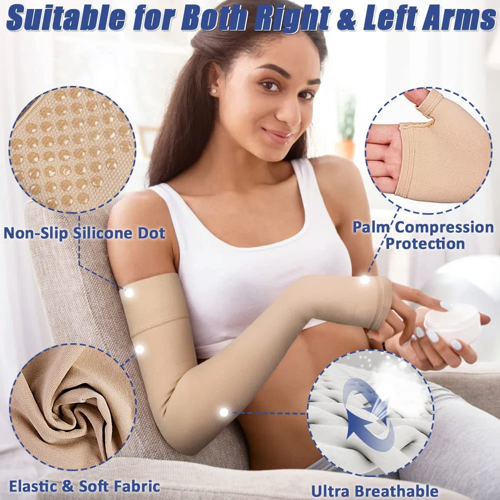 Beister Lymphedema Medical Compression Arm Sleeve with Gauntlet for Men & Women (Single), 20-30 mmHg Full Arm Support with Dot Silicone Band, Graduated Compression Arm Brace for Swelling, Arthritis