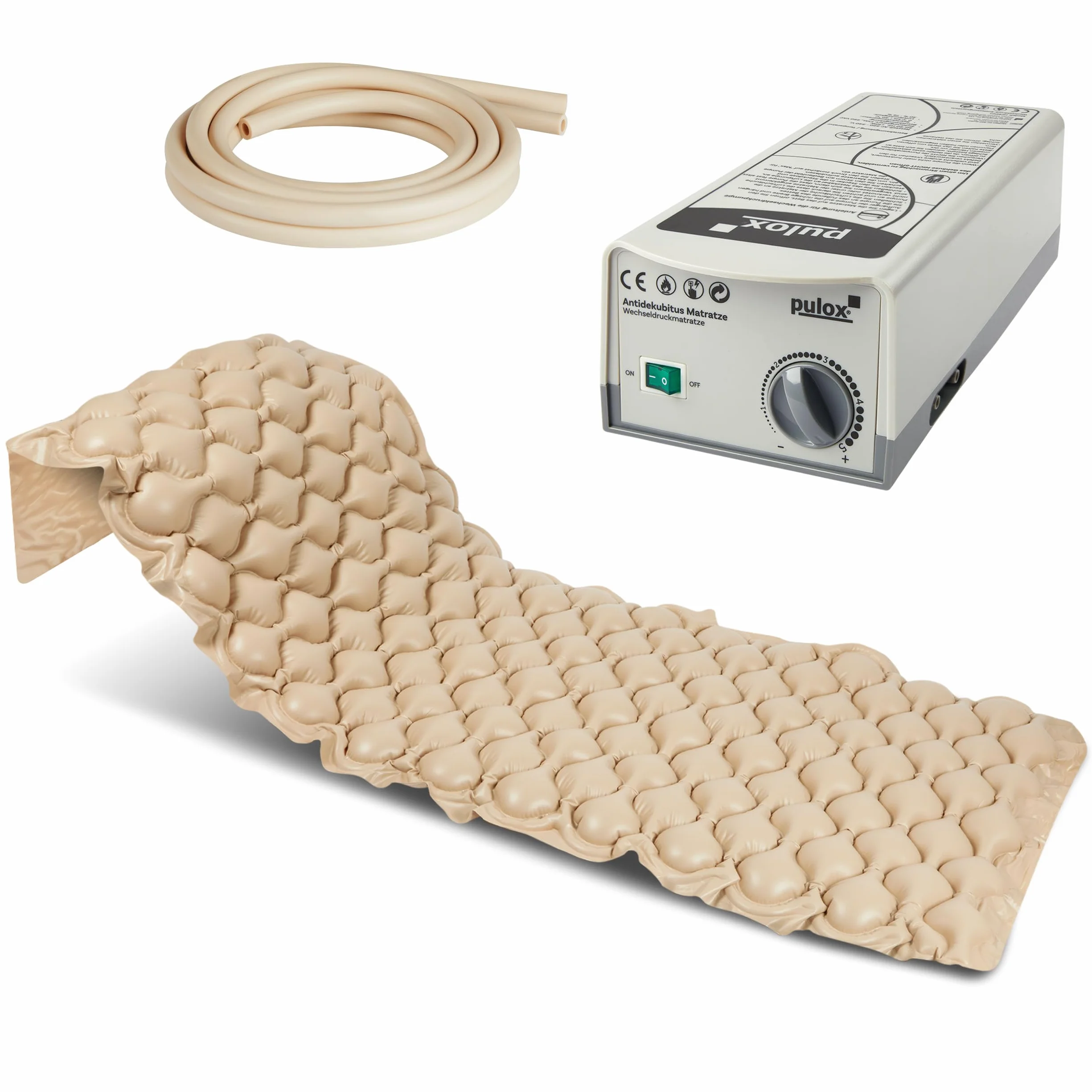 Pulox ADM-130 Colchón Antidecúbito - Soporte de presión alternante con Bomba - Poco Ruidoso y cargable hasta 130 kg - Beige | Silencioso cojín de presión alterna con solo 20 dB, para prevención de escaras, cuidado y almacenamiento a largo plazo