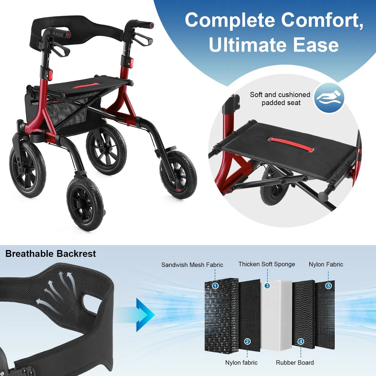 MAXWALK Andador para Ancianos con Ruedas Grandes 30 cm Todo Terreno, Andador Plegable Ligero con Asiento y Altura Ajustable, Andadores Estrechos para Apartamentos- Andadores Adultos