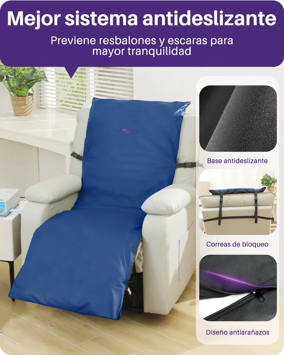 Kekoy Colchón Antiescaras para Sillones Reclinables, Bomba Silenciosa, Funda Impermeable, Ideal para Ancianos y Recuperación Postoperatoria, 170x56 cm, Azul Claro