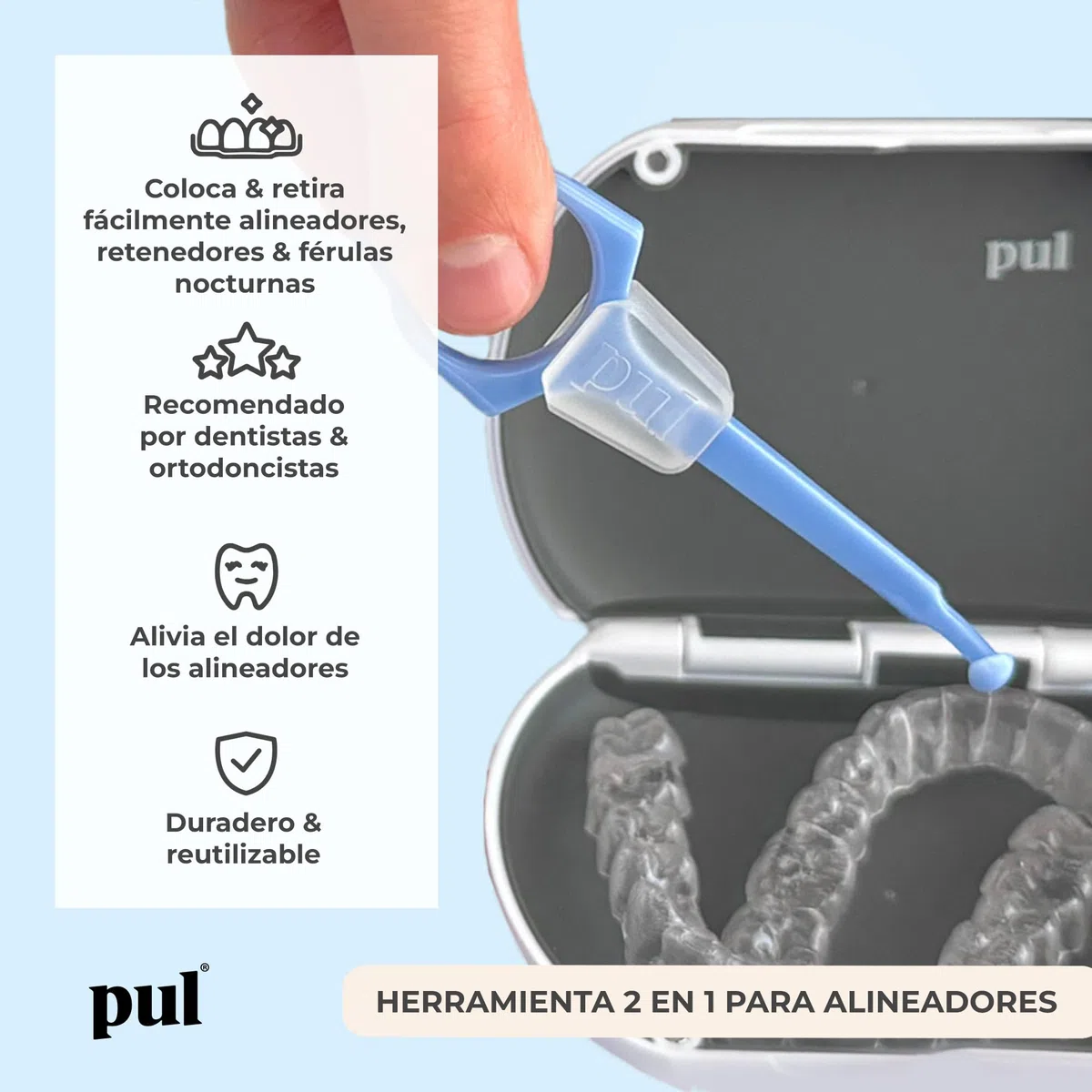 PUL Herramienta para masticar y quitar alineadores transparentes 2 en 1 PUL - Rosa | Combo masticable + removedor de ortodoncia | Accesorio dental higiénico, reutilizable y sin BPA para Invisalign