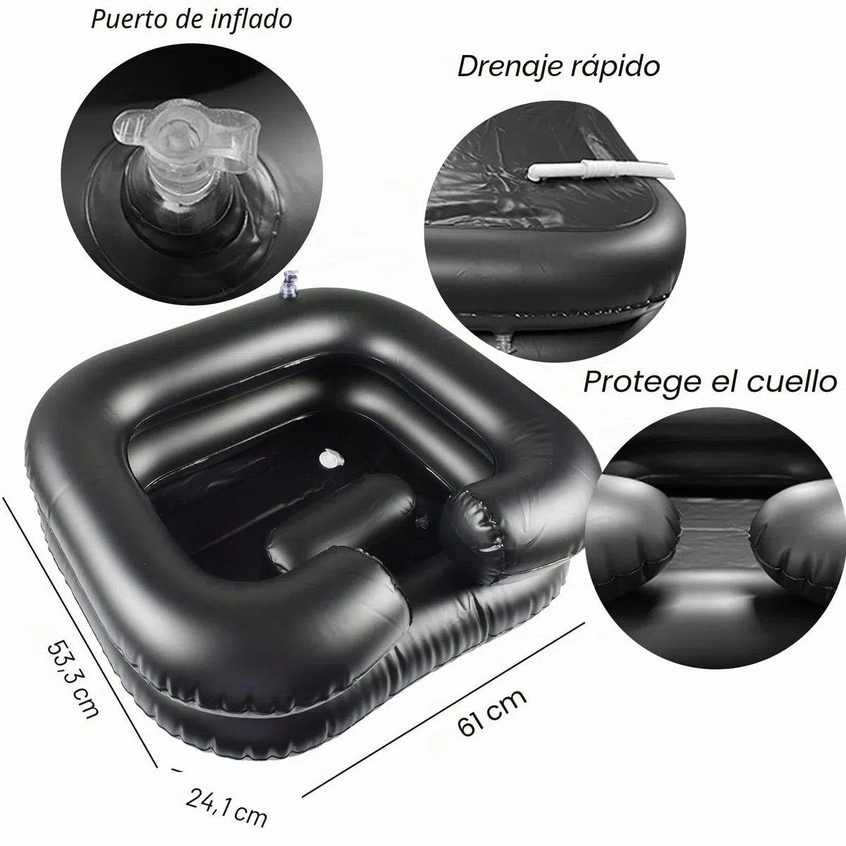 Lavabo de pelo con champú inflable, manguera de escape de 1 m, lavado de pelo para altitud, para mujeres embarazadas, pacientes lesionados