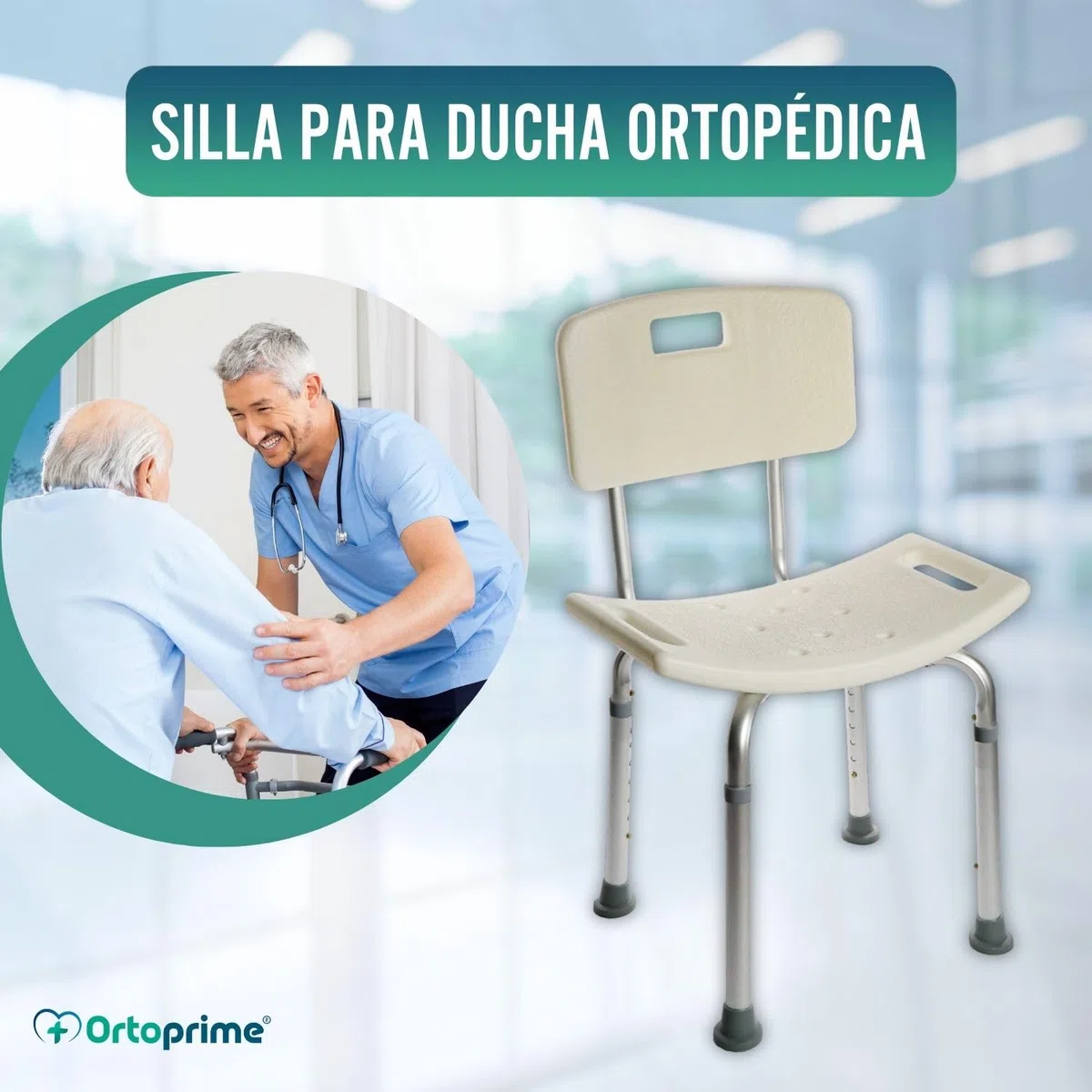 OrtoPrime Silla para Ducha Ortopédica - Taburete Baño con Respaldo - Asiento para Ducha Regulable en Altura - Silla para Ducha para Personas Mayores - Antideslizante Ducha