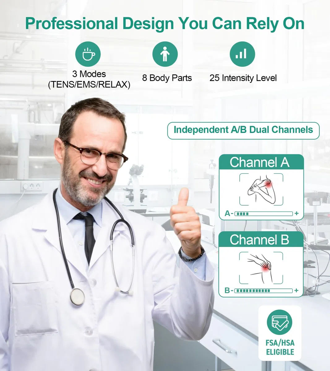 Medcursor Estimulador muscular TENS — Dispositivo EMS inalámbrico 3 en 1 de doble canal, con control por aplicación y memoria de sesiones, 25 niveles de intensidad (Negro)