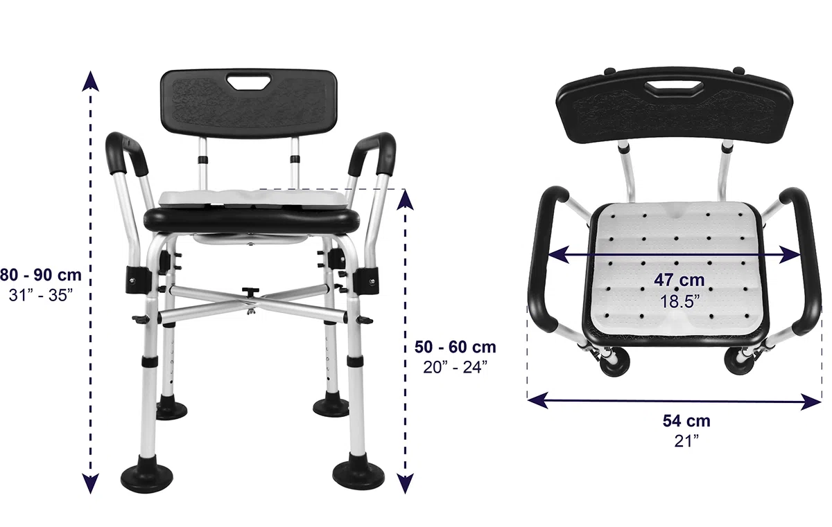 KMINA Silla Ducha Reposabrazos 150 kg Altura Regulable Cojín Espuma Montaje sin Herramientas Fabricado España Negro