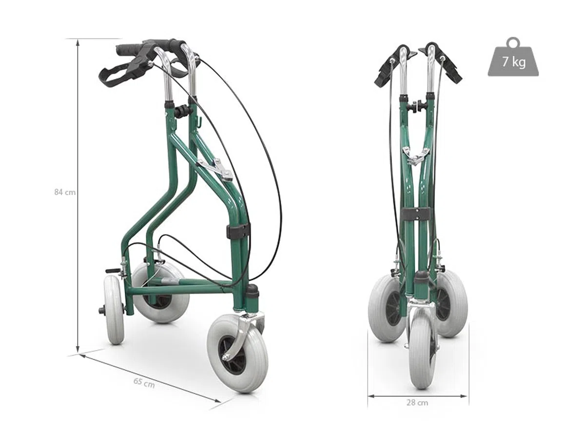 QUIRUMED Andador plegable de 3 ruedas, Con canasto y mochila, Frenos en las manetas, Regulable en altura, Color verde, Para mayores, Para minusválidos, Ligero