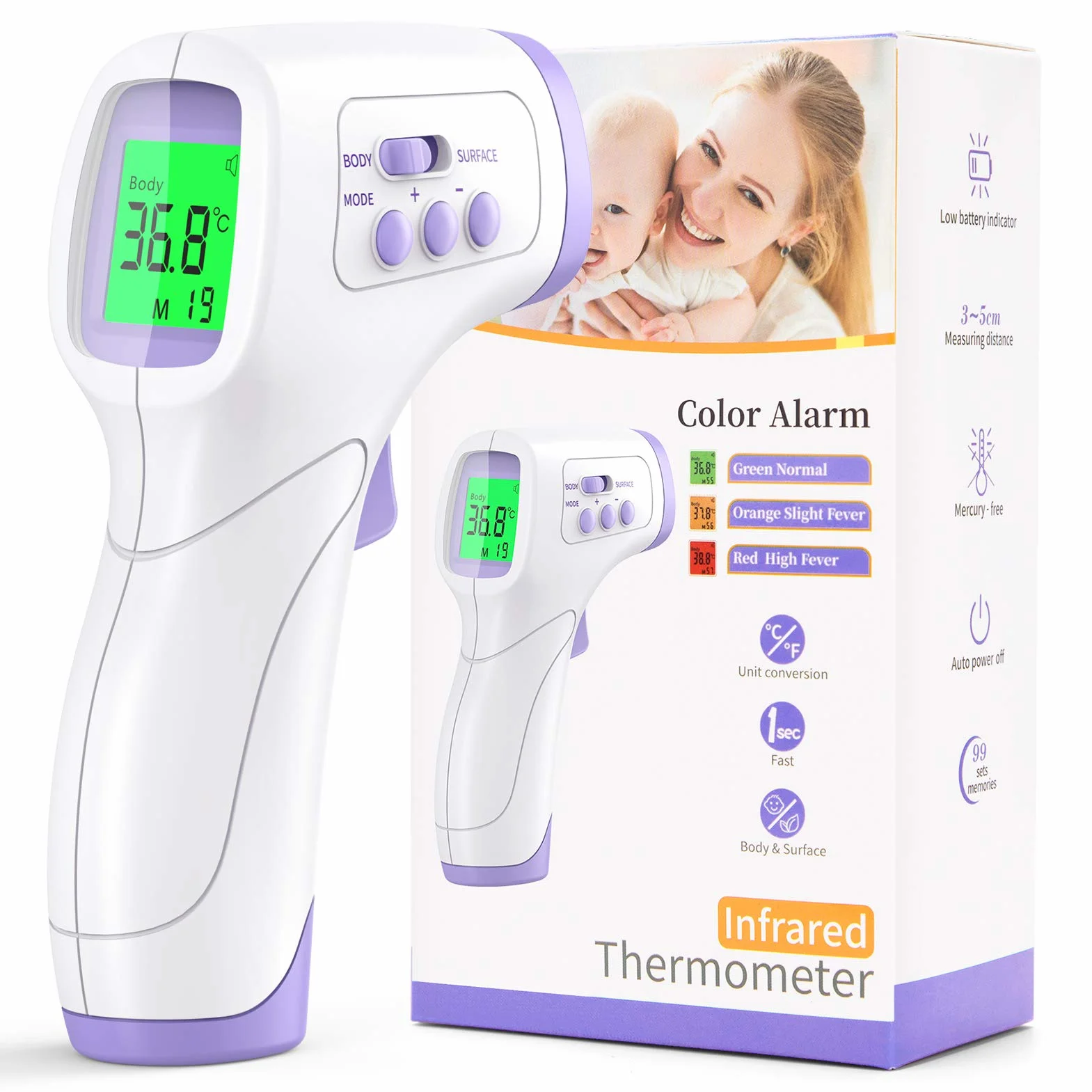 Termometro Digital Frente, KKmier Termometro Digital Bebe sin Contacto con Pantalla LCD, Termómetro de frente y oído para Bebé, Adultos, Hospital, ℃ y ℉ Conmutable con Alarma de Fiebre