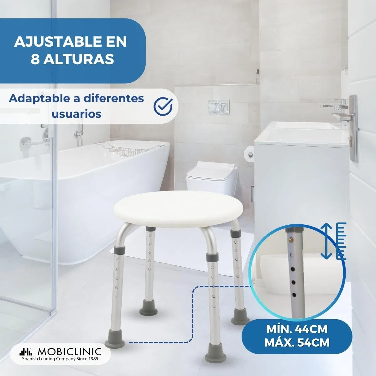 Mobiclinic®, Taburete baño, Conteras Antideslizantes, Asiento Confortable, Banqueta de Ducha, hasta 100 kg, Ligera y Resistente, Aluminio (Cloruro de polivinilo (PVC))