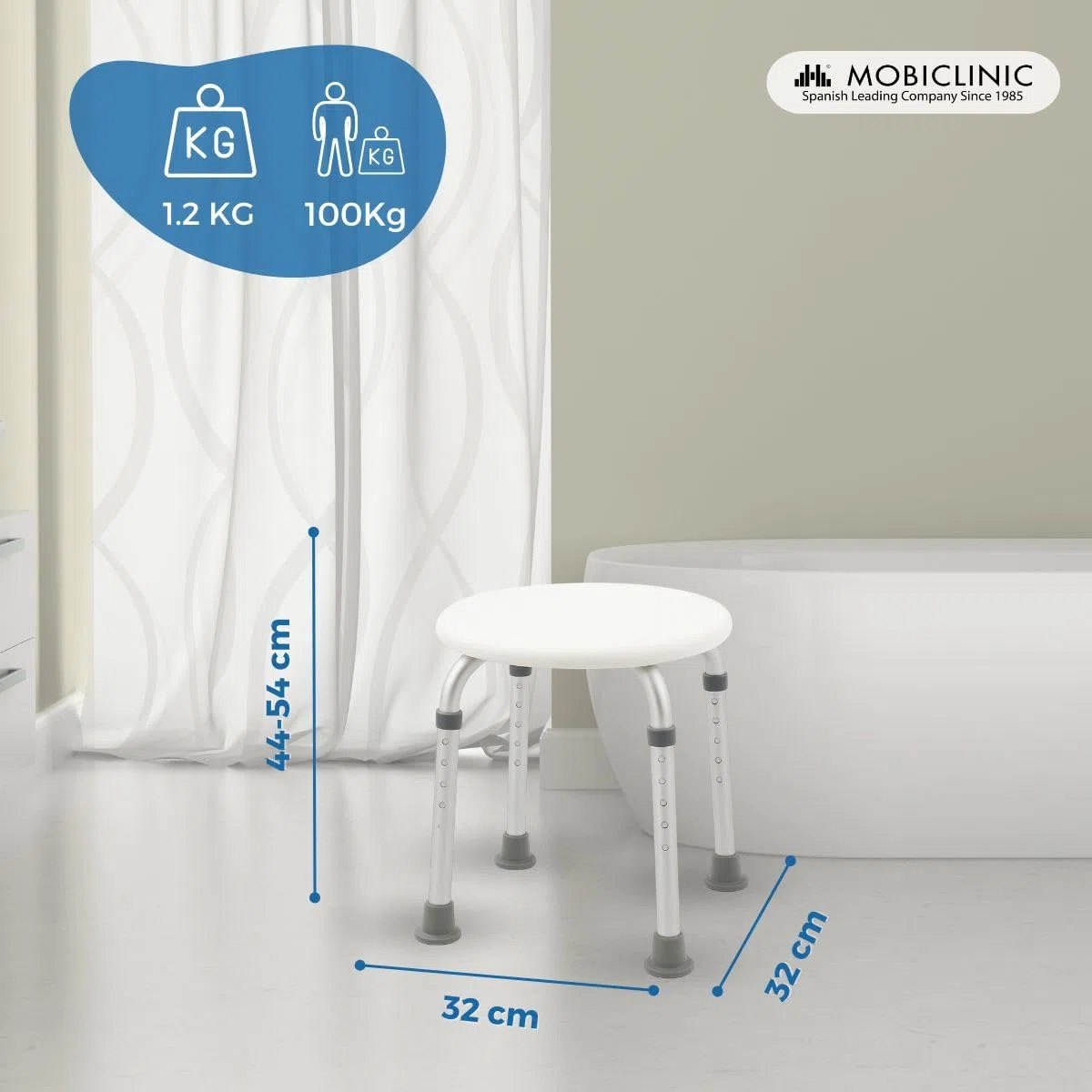 Mobiclinic®, Taburete baño, Conteras Antideslizantes, Asiento Confortable, Banqueta de Ducha, hasta 100 kg, Ligera y Resistente, Aluminio (Cloruro de polivinilo (PVC))