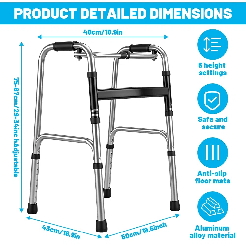 Andador ligero, con bisagras, plegable sin ruedas, altura ajustable, para personas mayores, de aluminio, antideslizante, asas ergonómicas (plata, 4 pies de goma)
