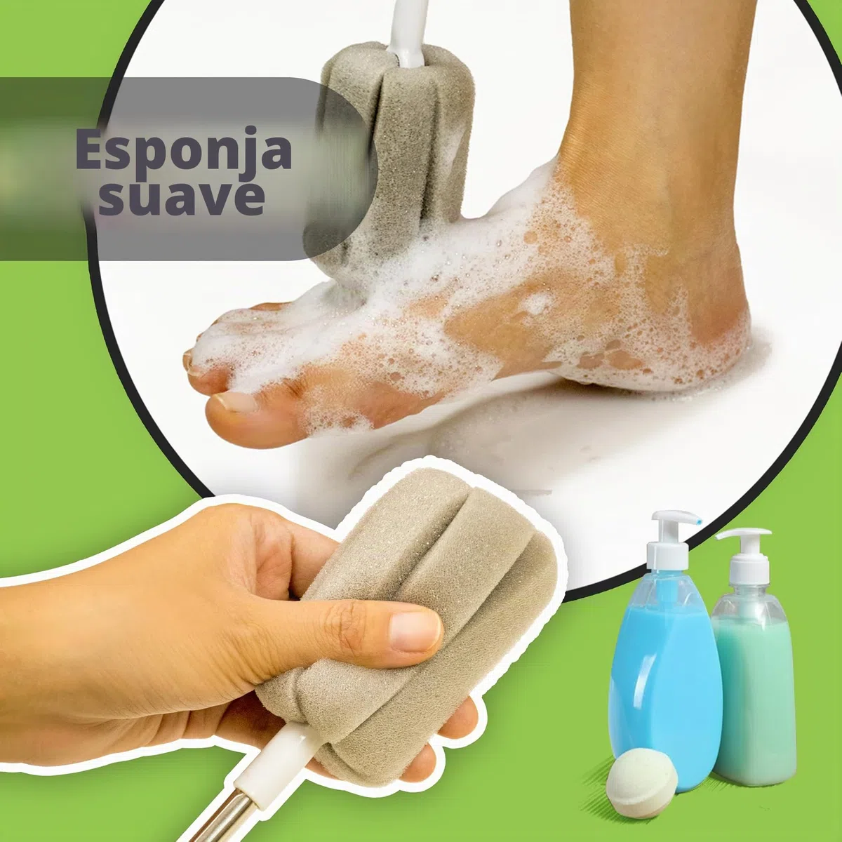 3-in-1 Cepillo para los pies con estilo largo, cepillo de limpieza con hendidura de los dedos, cepillo de baño con estilo largo, para Ancianos, mujeres embarazadas, discapacitados, etc.