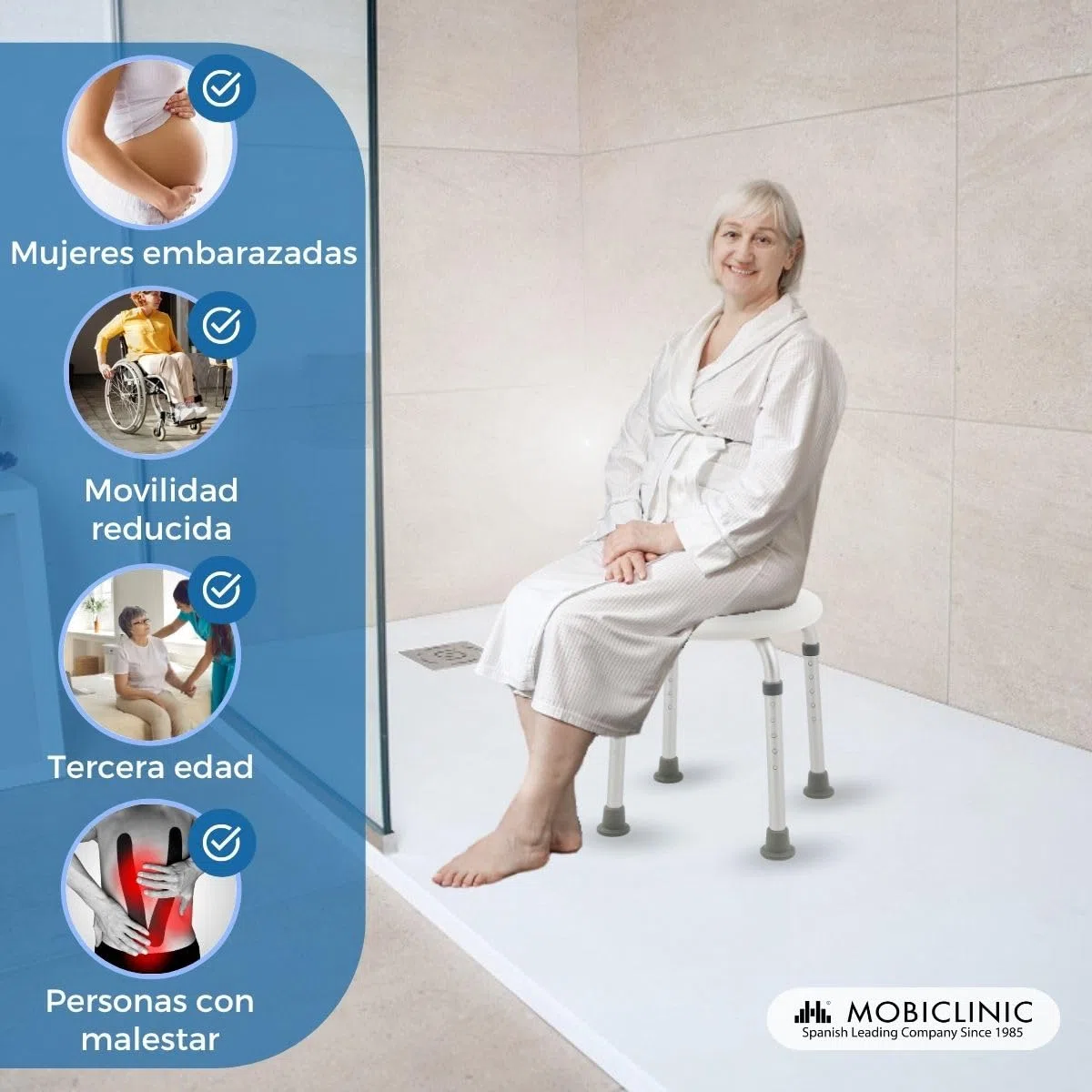 Mobiclinic®, Taburete baño, Conteras Antideslizantes, Asiento Confortable, Banqueta de Ducha, hasta 100 kg, Ligera y Resistente, Aluminio (Cloruro de polivinilo (PVC))