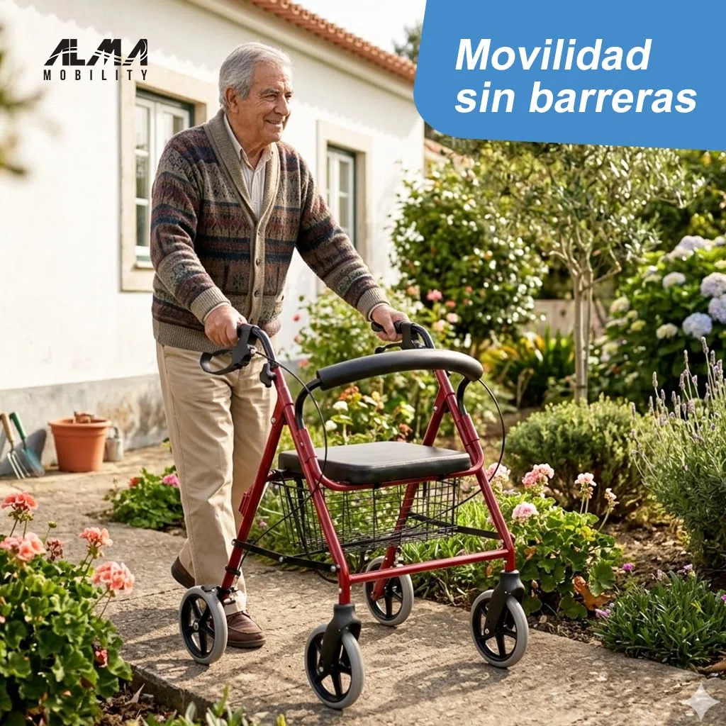 ALMA Andador para Ancianos con Asiento y 4 Ruedas, Rollator Plegable de Aluminio Ligero, Ajustable en Altura, con Respaldo, Cesta y Frenos de Maneta con Bloqueo, para Adultos y Personas Mayores