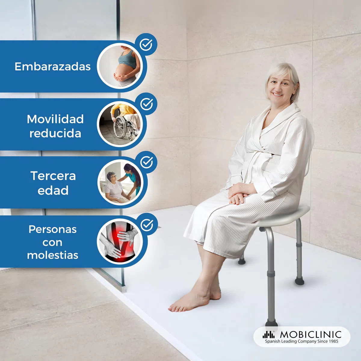 Mobiclinic, Silla de baño, Marisma, Taburete Ducha, Marca española, Asiento en u, Ortopédica, Altura Regulable, con Respaldo, Conteras Antideslizantes, para Personas Mayores, Movilidad Reducida