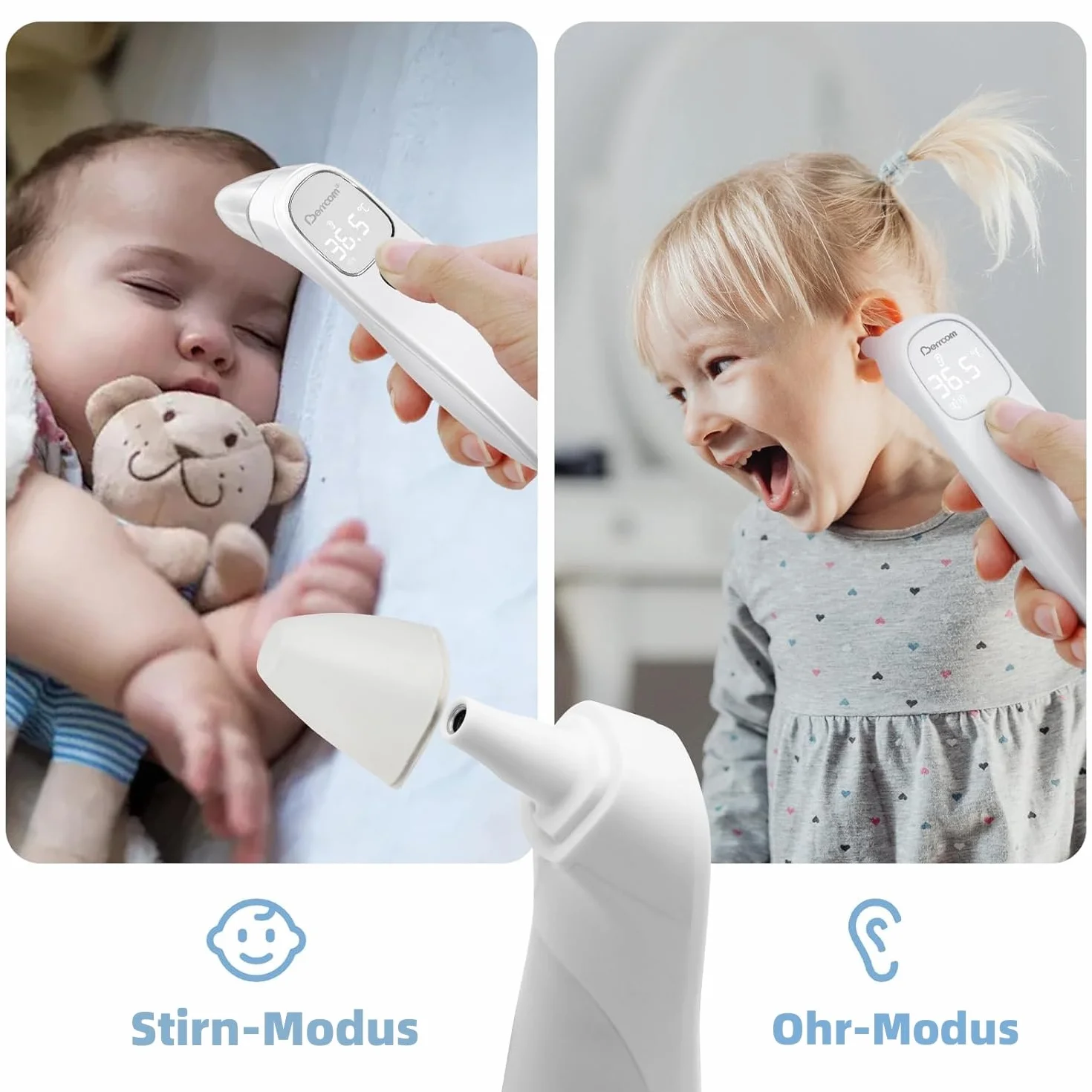 Berrcom Termómetro de fiebre sin contacto para frente y oído, termómetro digital médico por infrarrojos, termómetro de frente para bebé, adulto con alarma de fiebre, lectura instantánea