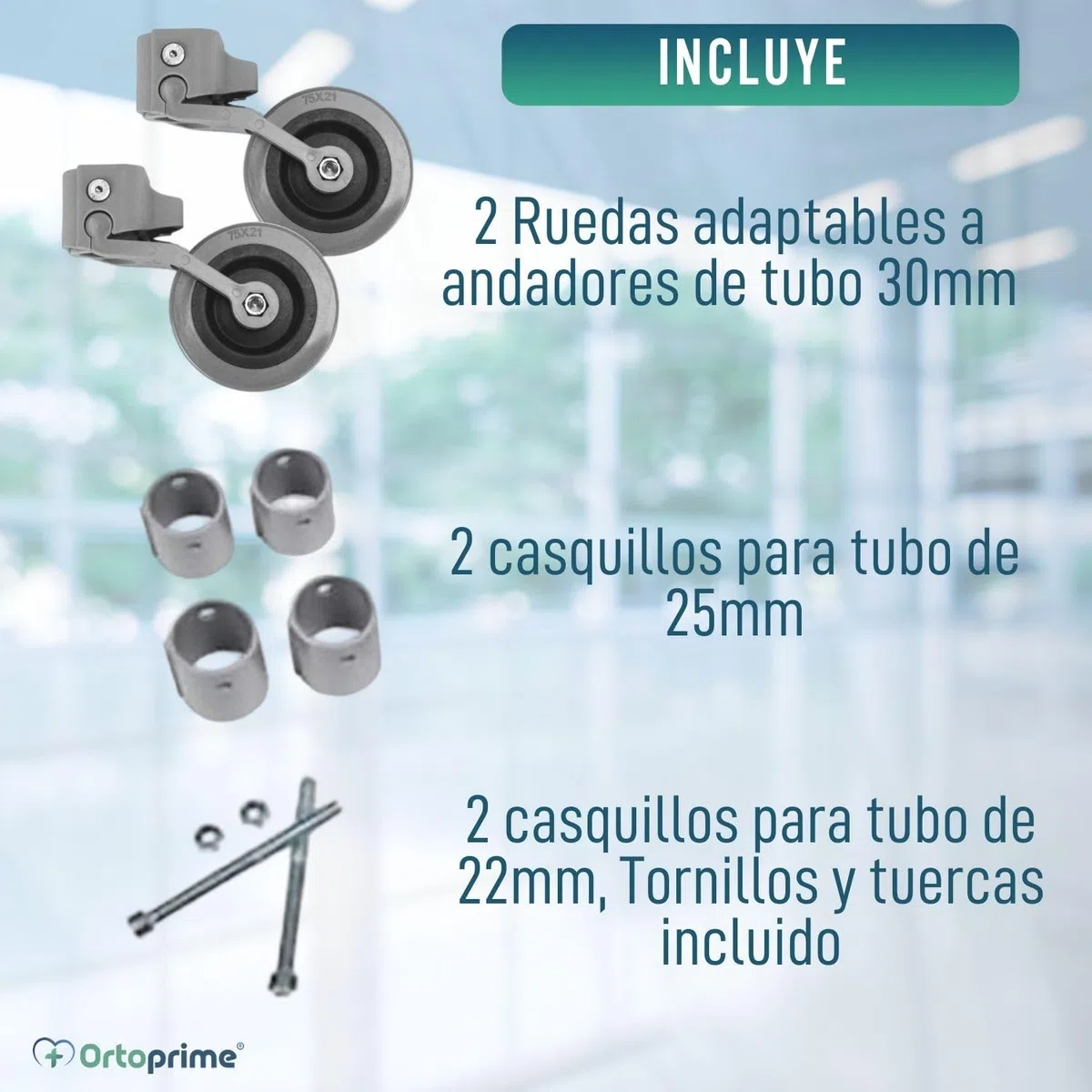 OrtoPrime Kit x2 RUEDAS Andadores Ancianos - Ruedas Traseras Adaptables a Andadores de Adultos - Casquillos Compatibles Tubo de 30mm 25mm y 22mm - Freno a la Carga por Presión y Fácil Instalación