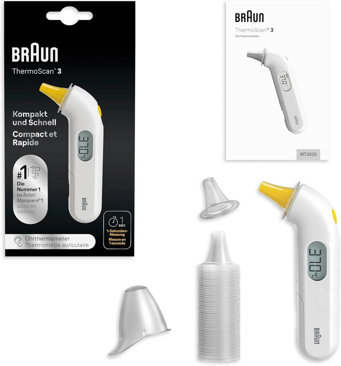 Braun ThermoScan 3 Termómetro de oído, Medición rápida en 1 segundo, Indicador acústico de fiebre, Pantalla digital, Apto para bebés y niños pequeños,La marca #1 entre los médicos(1), IRT3030