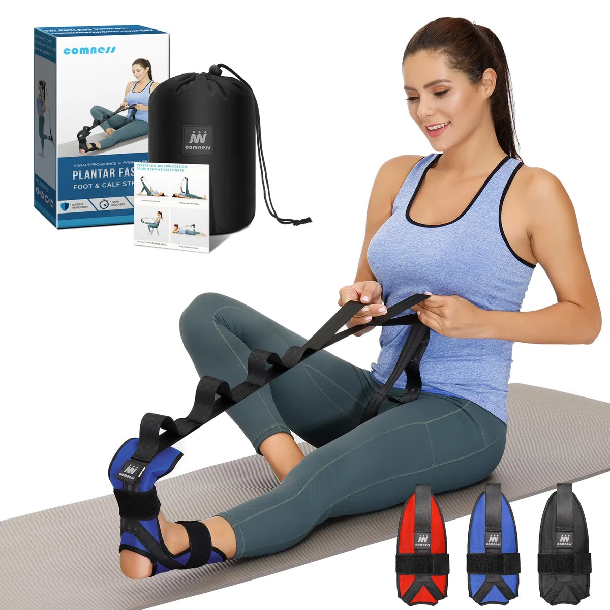 Correa elástica para pies y pantorrillas para fascitis plantar, espolones de talón, gotas de pie, tendinitis de Aquiles y isquiotibiales. Correa elástica para pies y piernas (azul)