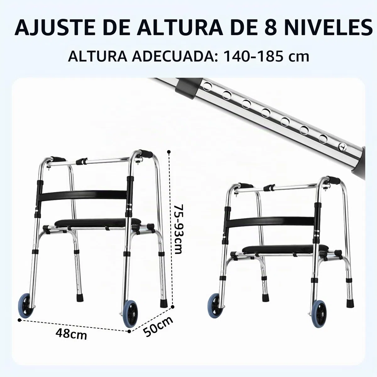 Andador plegable con ruedas, marco de pasamanos, andador plegable ligero para ancianos, altura ajustable de 8 niveles para personas mayores, rueda delantera, hasta 390 libras