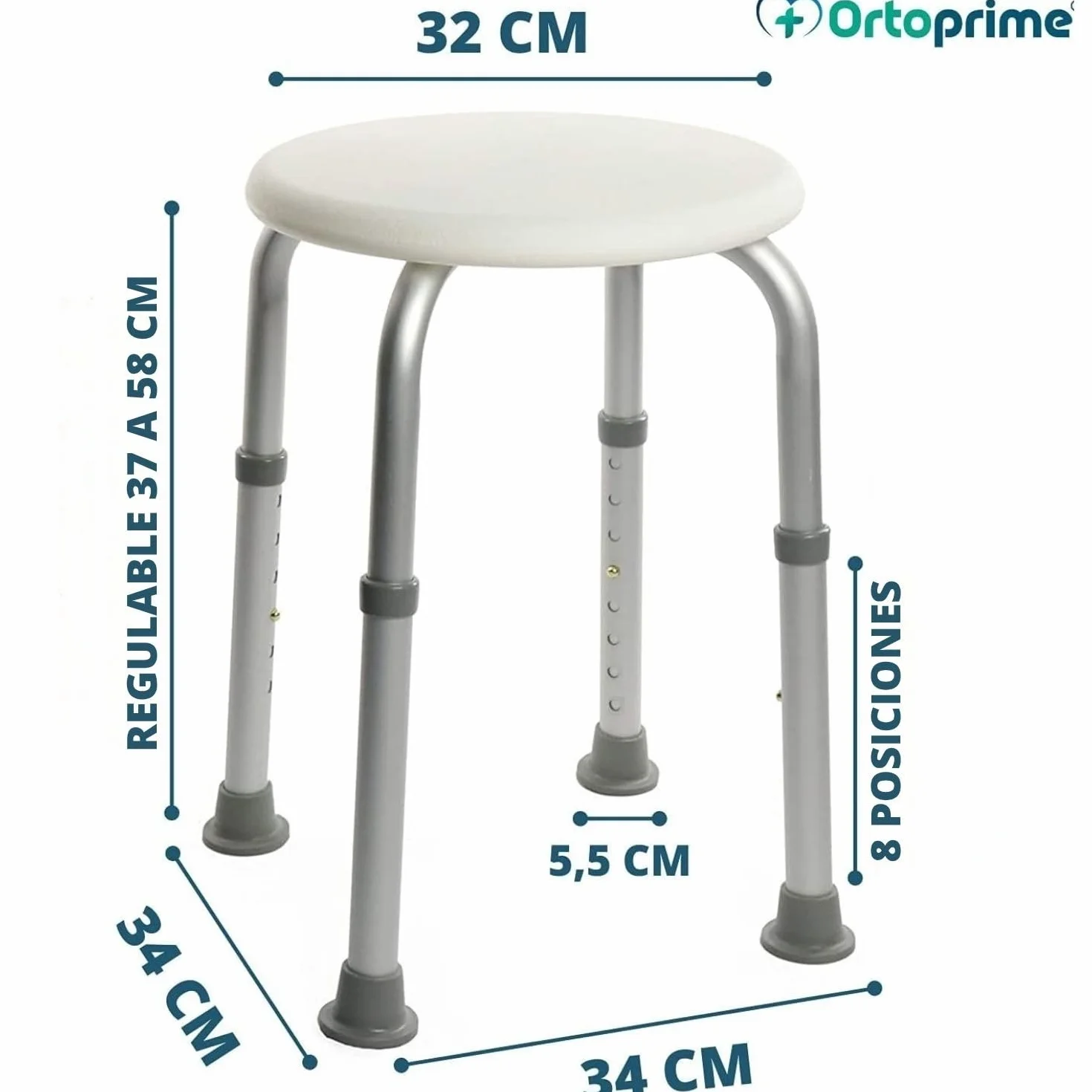 OrtoPrime Taburete de Ducha Redondo - Taburete Baño Antideslizante para discapacitados o Ancianos - Silla Ortopédica para Ducha - Asiento Ducha Adulto - Silla para baño Adulto - Altura Regulable