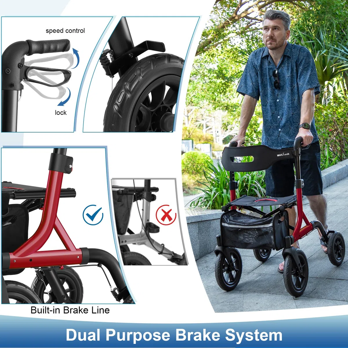 MAXWALK Andador para Ancianos con Ruedas Grandes 30 cm Todo Terreno, Andador Plegable Ligero con Asiento y Altura Ajustable, Andadores Estrechos para Apartamentos- Andadores Adultos