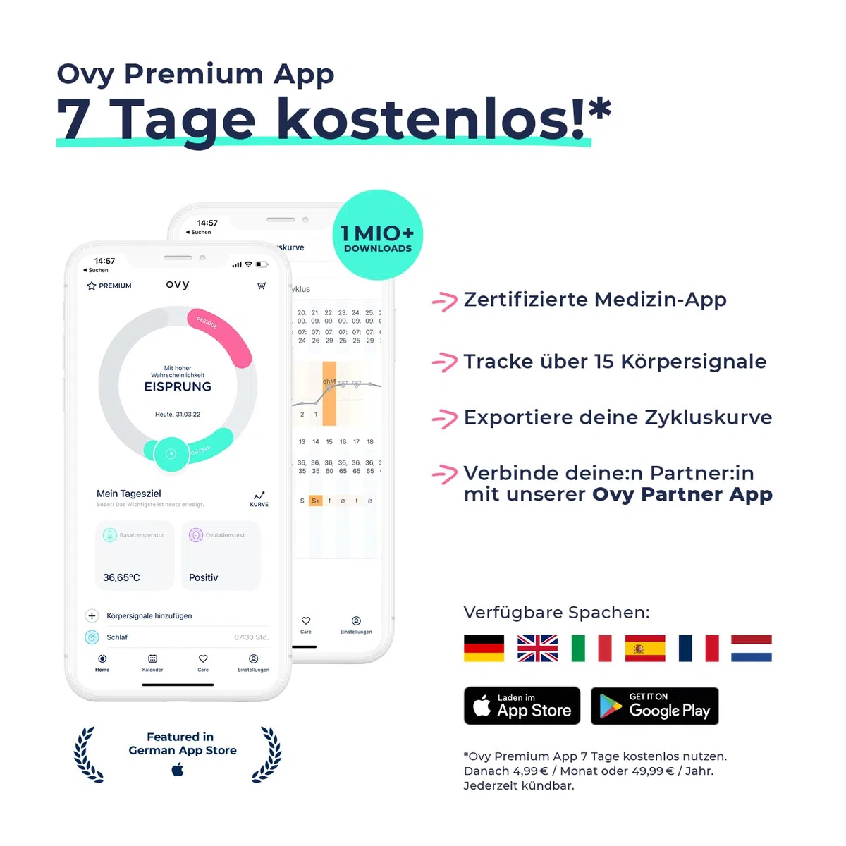 Ovy® termómetro basal para el control del ciclo I Medición de la ovulación para calcular los días fértiles (PFN) I Control conceptivo sin hormonas I +App (depósito datos en Alemania)